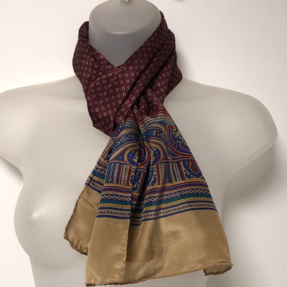 VTG Liz Claiborne Rich Burgundy Background Oblong Silk Scarf.